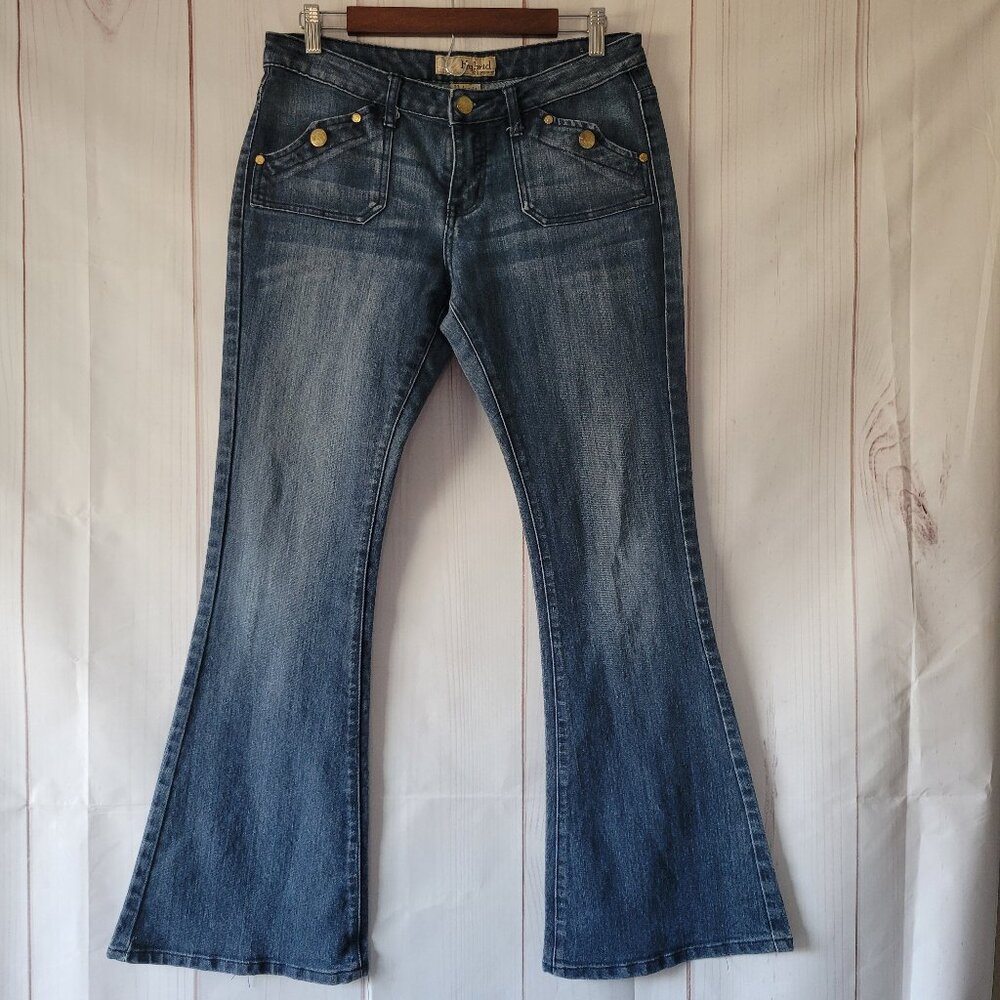 Y2K Hybrid & Company Cotton Denim Flare Jeans, Women’s Sz 11, Button Detail EUC